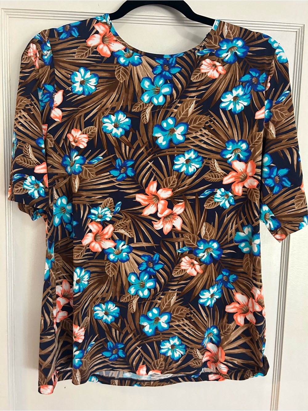 Lands End Floral Tropical Print Women’s Water Top - Blue & Coral on Brown
